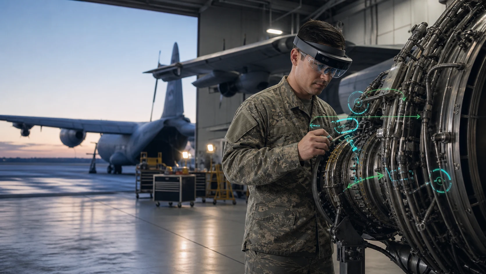 Concept image of an aircraft maintainer using mixed reality during a turbine inspection
