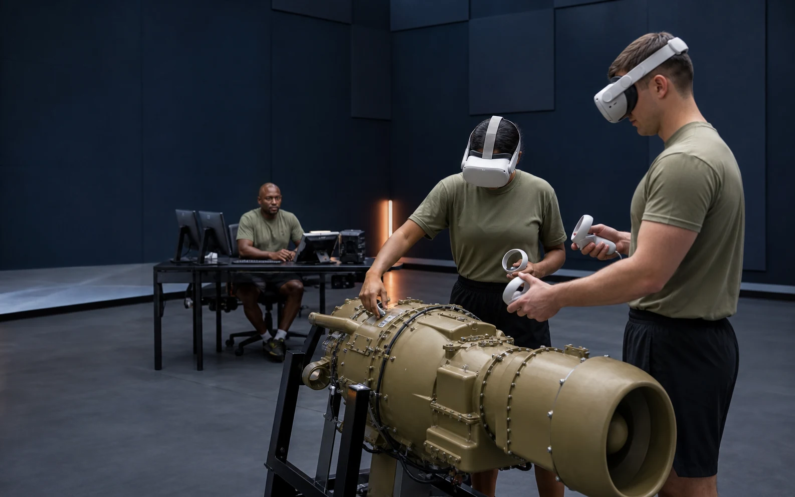 Concept image of service members collaborating in an immersive maintenance training environment