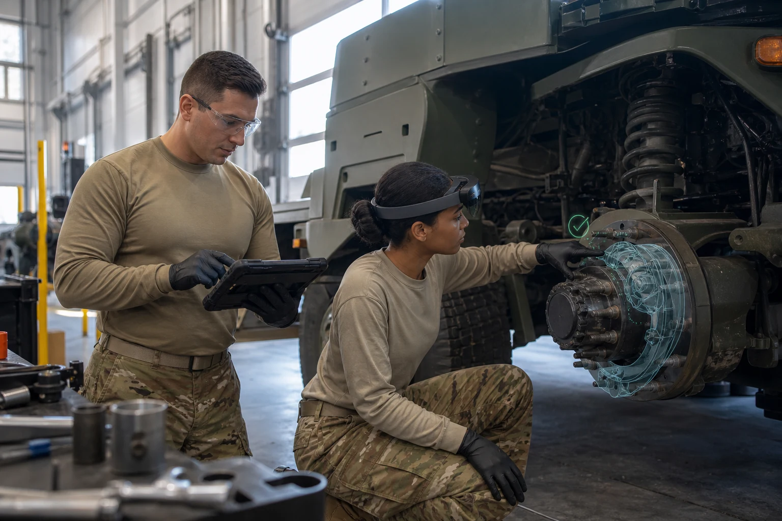 Concept image of service members using mixed reality and a rugged tablet to inspect a tactical vehicle